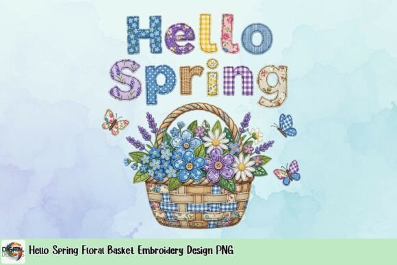 Hello Spring Floral Basket Embroidery Design PNG